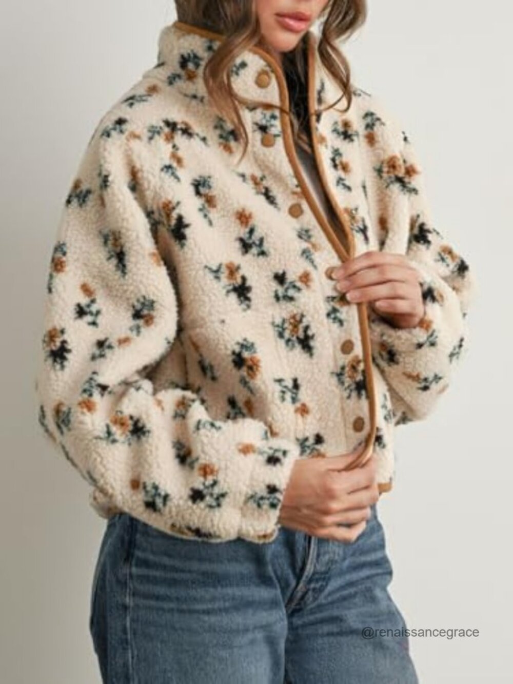 Women's Floral Print Fleece Jacket Snap Button Winter Teddy Cozy Casual - Picture 3 of 7
